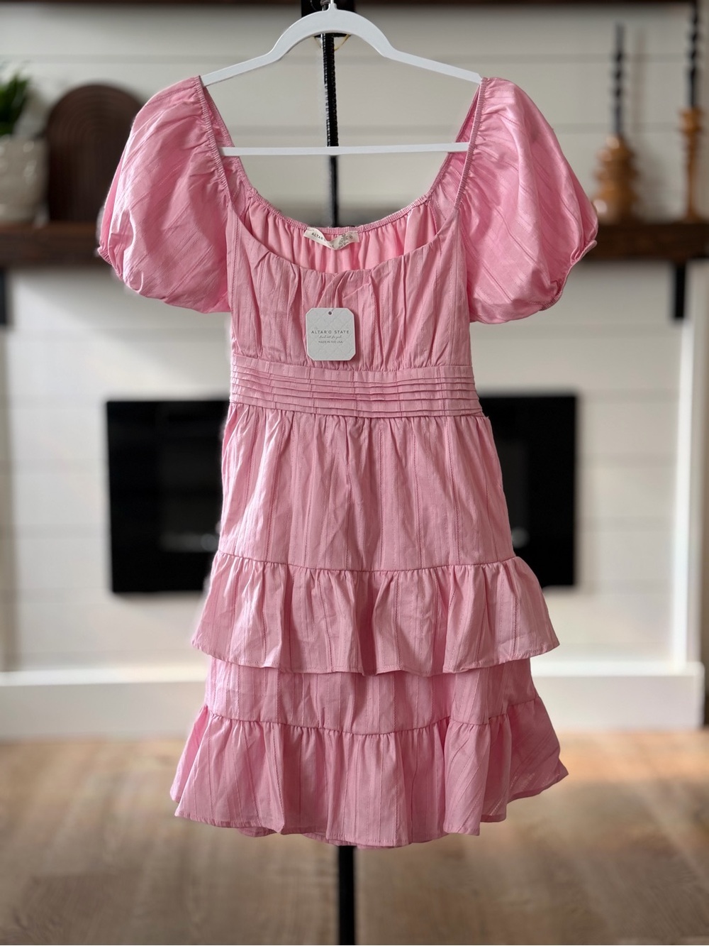 Altar'd State Pink Tiered Puff Sleeve Dress
